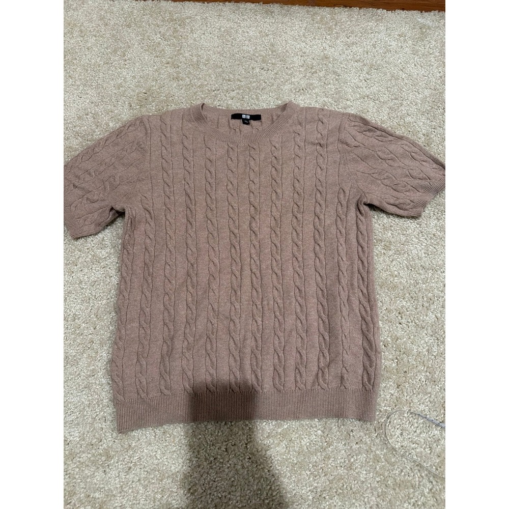 Uniqlo Womens Short Sleeve Cable Knit Sweater Tan Brown Size L Fits Like M S
